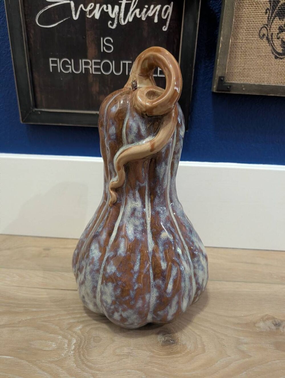 Vtg 11" Ceramic Butternut Squash Gourd Drip Glaze Fall Autumn Centerpiece